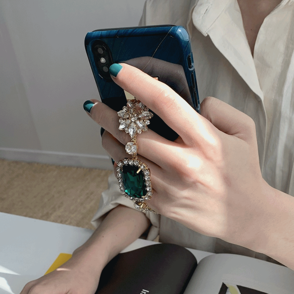 딥그린 보석 스트랩 손잡이 큐빅 폴드 아이폰 갤럭시 특이한 핸드폰케이스